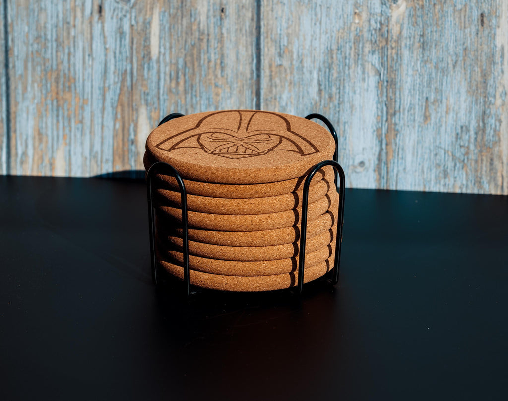 Darth Vader Coasters – Star Wars Drink Mats | Laser Engraved Cork Set with Holder