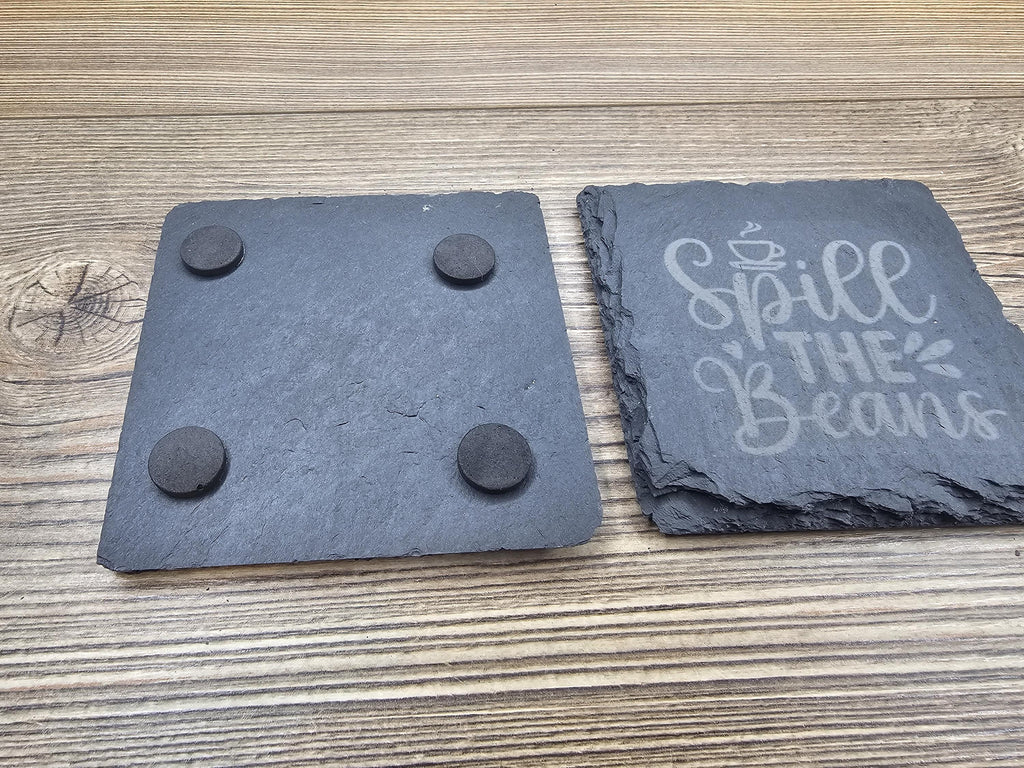 Slate Coasters Set – Spill the Beans Laser Engraved 4x4 Natural Slate Coasters