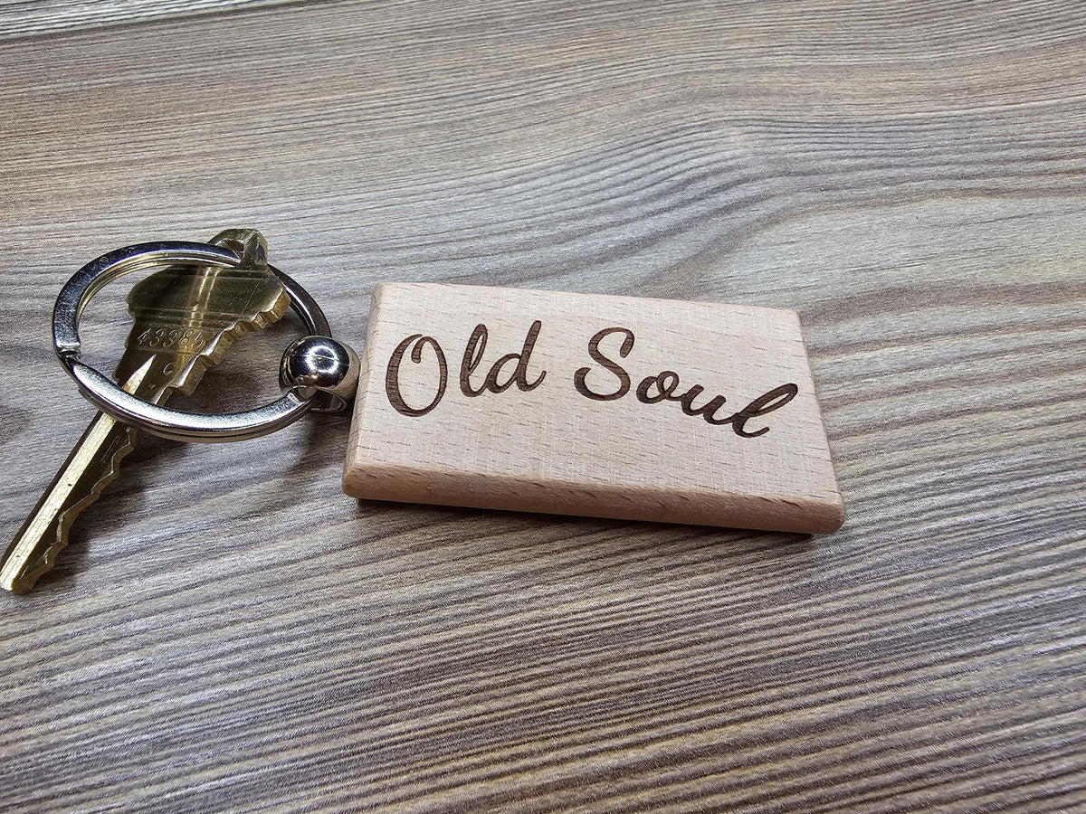Engraved Hardwood Keychain - Old Soul Vintage Style Charm with Steel Ring