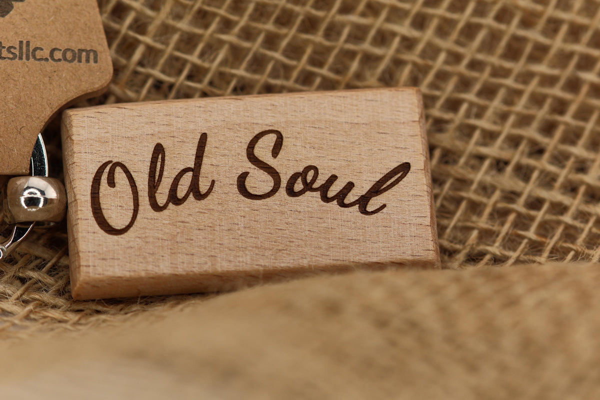 Engraved Hardwood Keychain - Old Soul Vintage Style Charm with Steel Ring