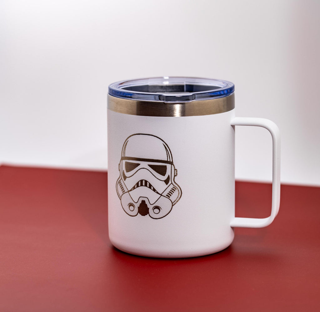 Stormtrooper Coffee Mug – Insulated Stainless Steel, White Powder Coated, Laser Engraved Design