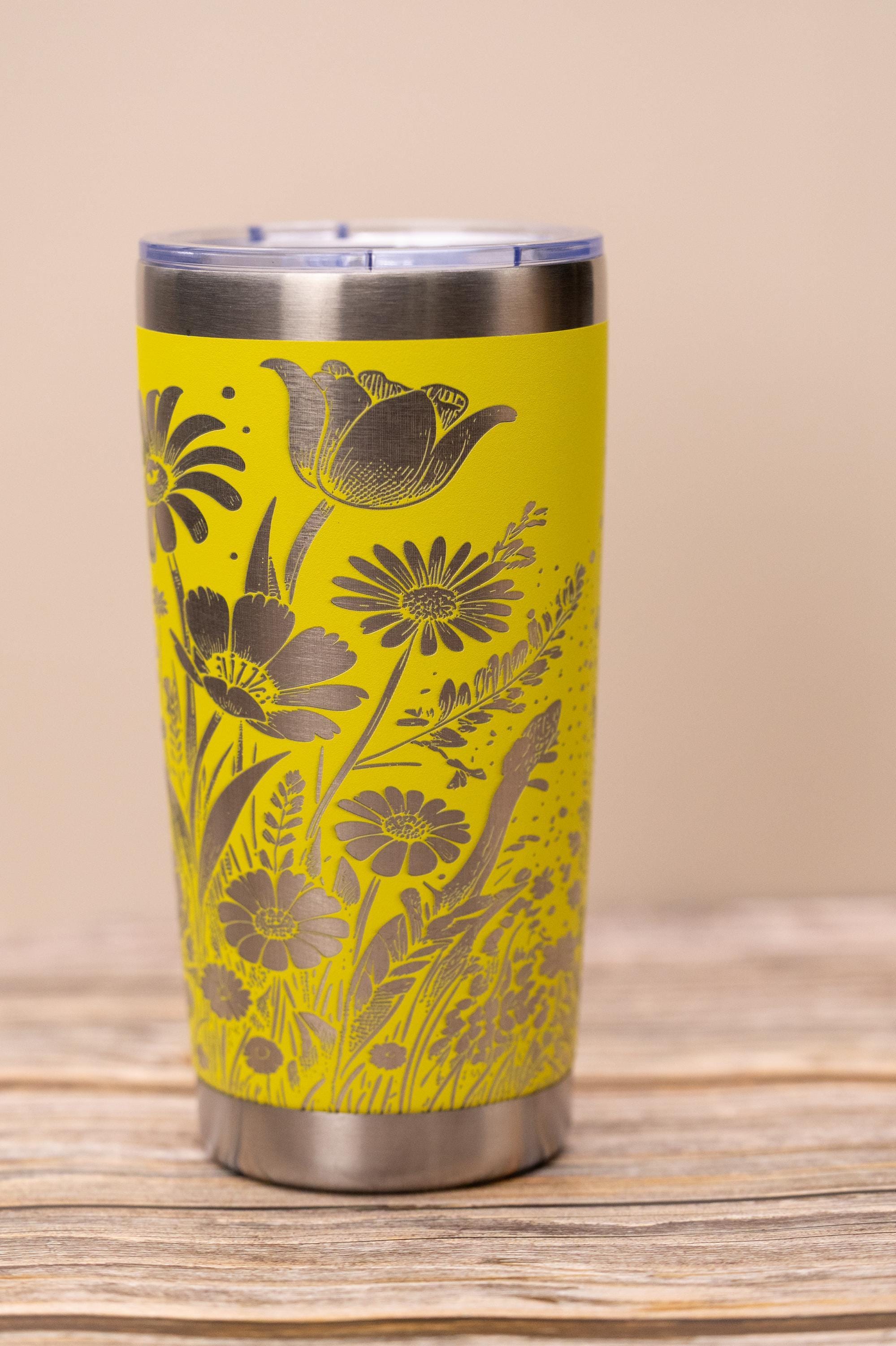 Stainless Steel Tumbler - Floral Wrap Tumbler with Daisy Tulip Design, 20oz Insulated Drinkware