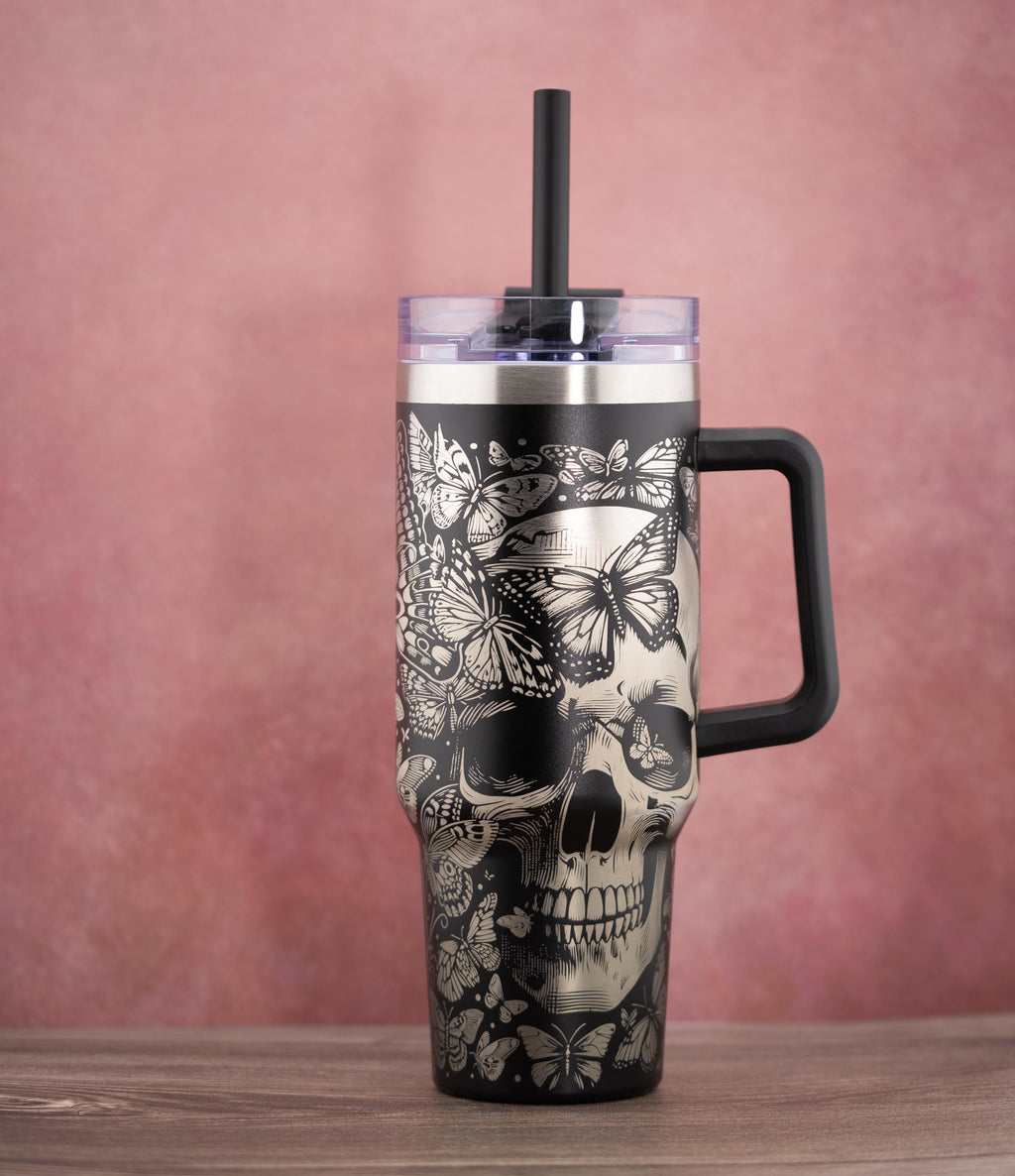Skulls and Butterflies Tumbler – 40oz Double Wall Insulated Cup | Stainless Steel, Straw Lid