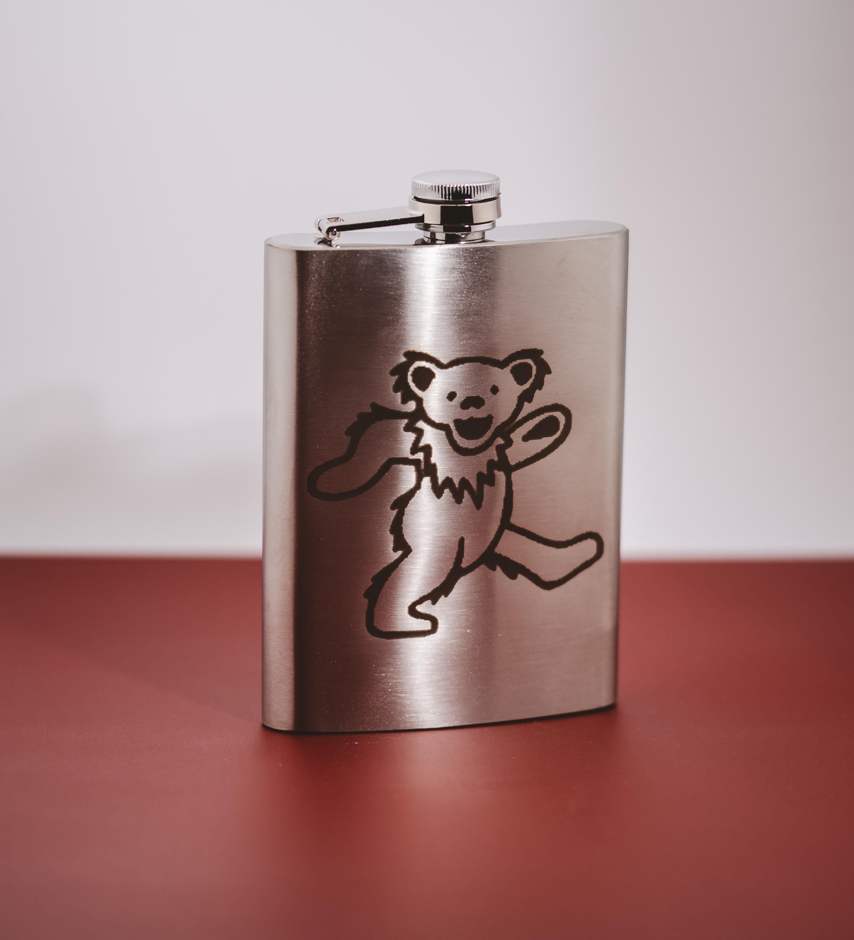 Engraved Grateful Dead Flask – 8oz Stainless Steel Dancing Bear Design, Leak-Proof
