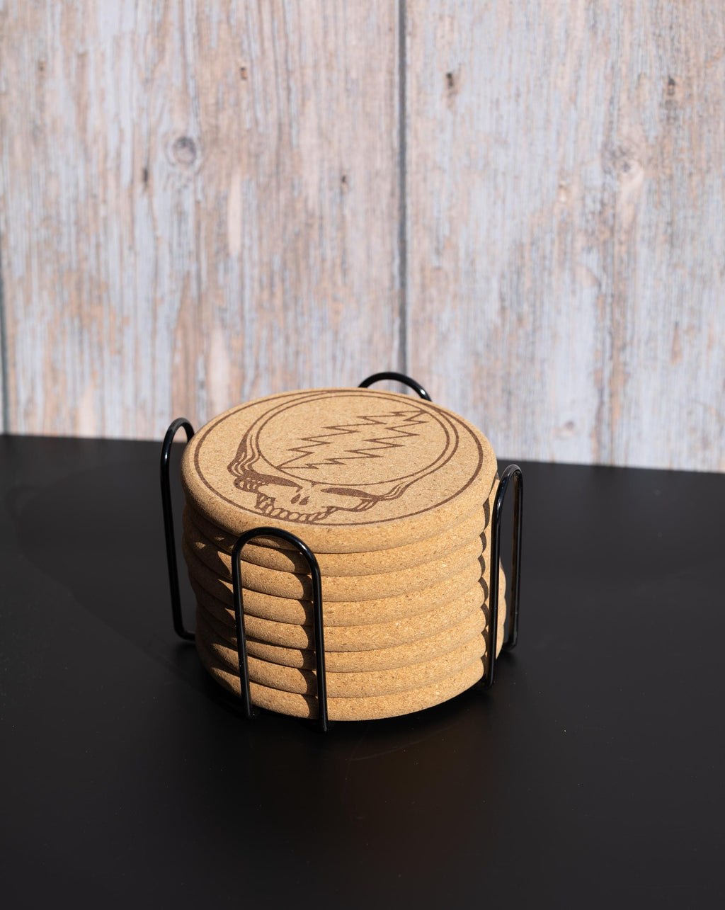 Grateful Dead Coasters – Natural Cork Set with Steal Your Face Design & Holder