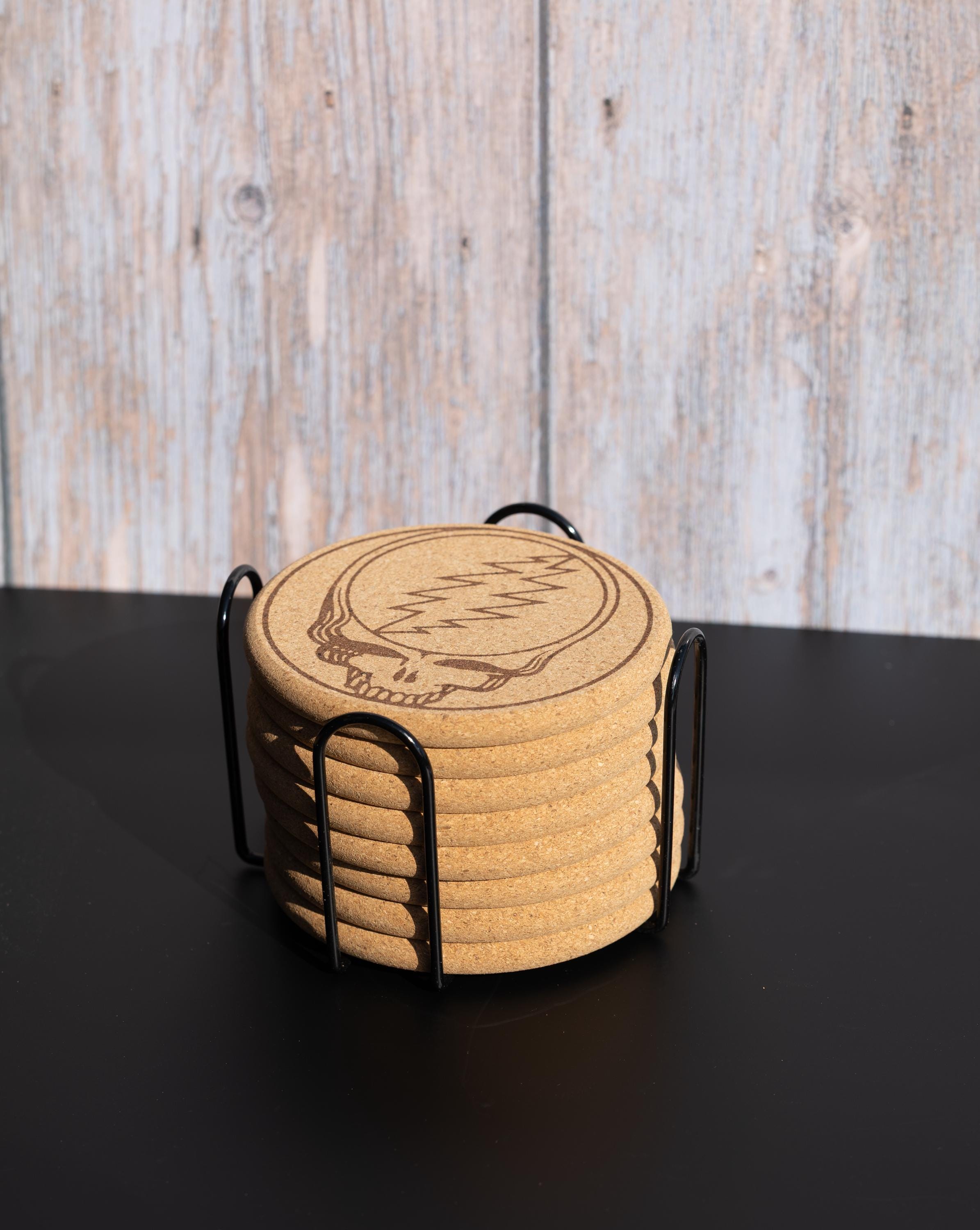 Grateful Dead Coasters – Natural Cork Set with Steal Your Face Design & Holder