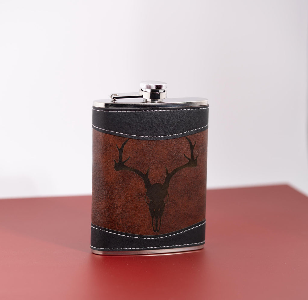 Leather Flask – 8oz Stainless Steel Travel Flask with Gothic Deer Skull Design