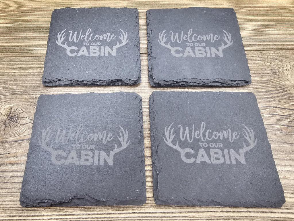 Rustic Slate Coasters – Laser Engraved Cabin Drink Pads | Set of 4 Durable Slate