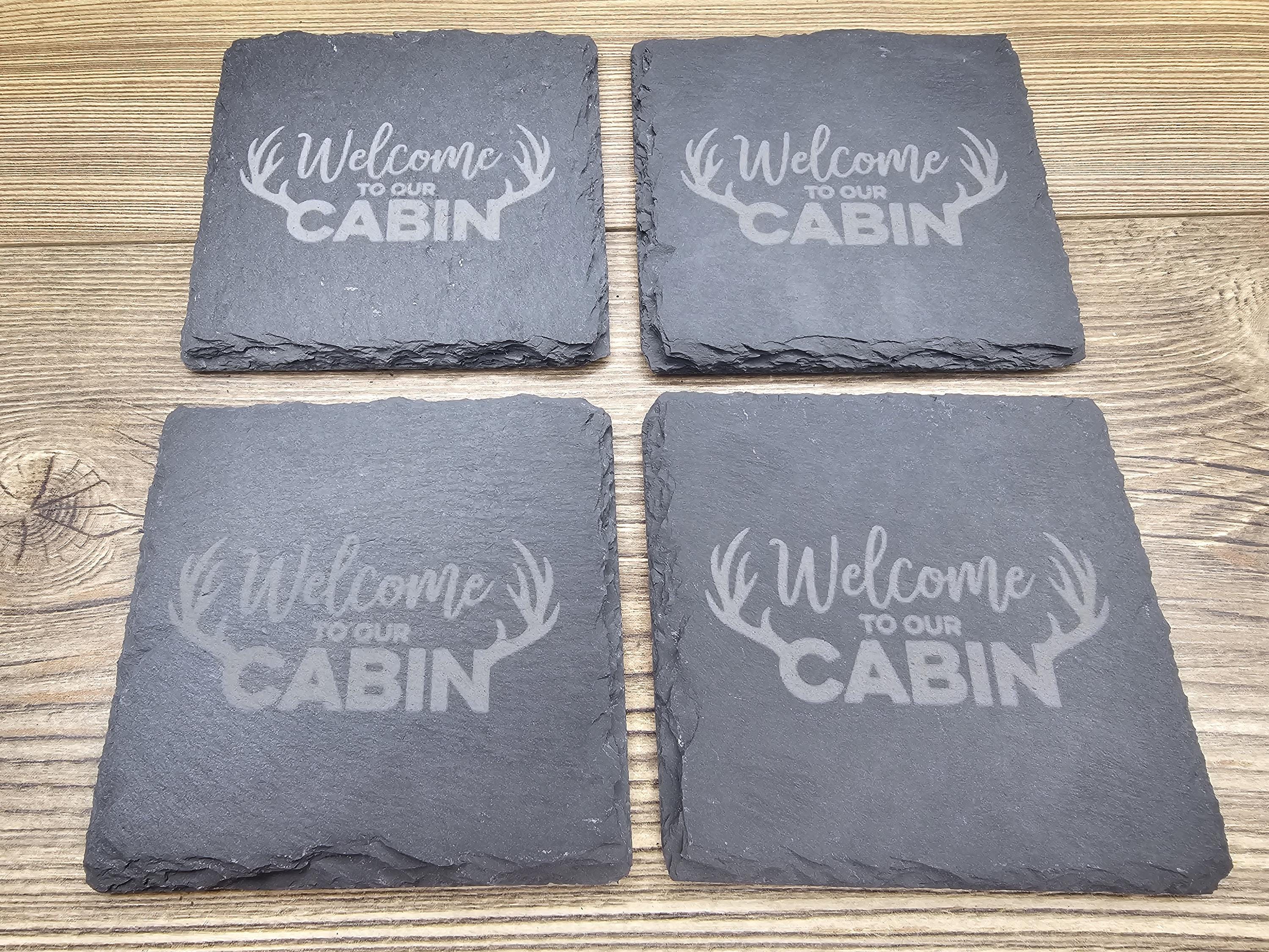 Rustic Slate Coasters – Laser Engraved Cabin Drink Pads | Set of 4 Durable Slate