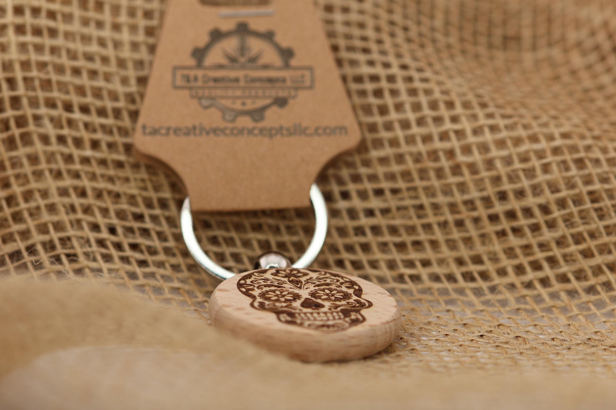 Day of the Dead Keychain – Hardwood Sugar Skull Charm | Laser Engraved, Durable Accessory