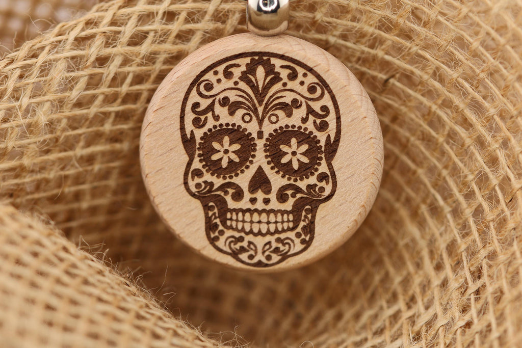Wooden Sugar Skull Keychain – Double-Sided Laser Engraved Durable Wood Charm