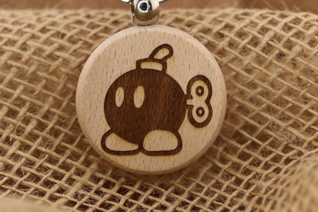 Mario Bob-Omb Keychain – Double-Sided Laser Engraved Hardwood Gift with Stainless Steel Ring