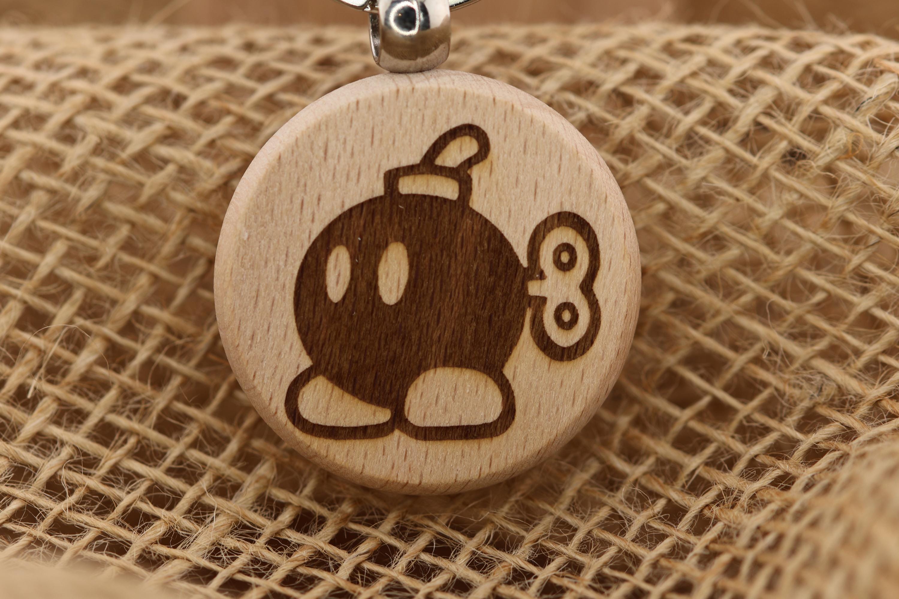 Mario Bob-Omb Keychain – Double-Sided Laser Engraved Hardwood Gift with Stainless Steel Ring