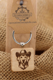 Golden Retriever Keychain – Laser Engraved Wood Cowboy Hat Charm, Durable Hardwood