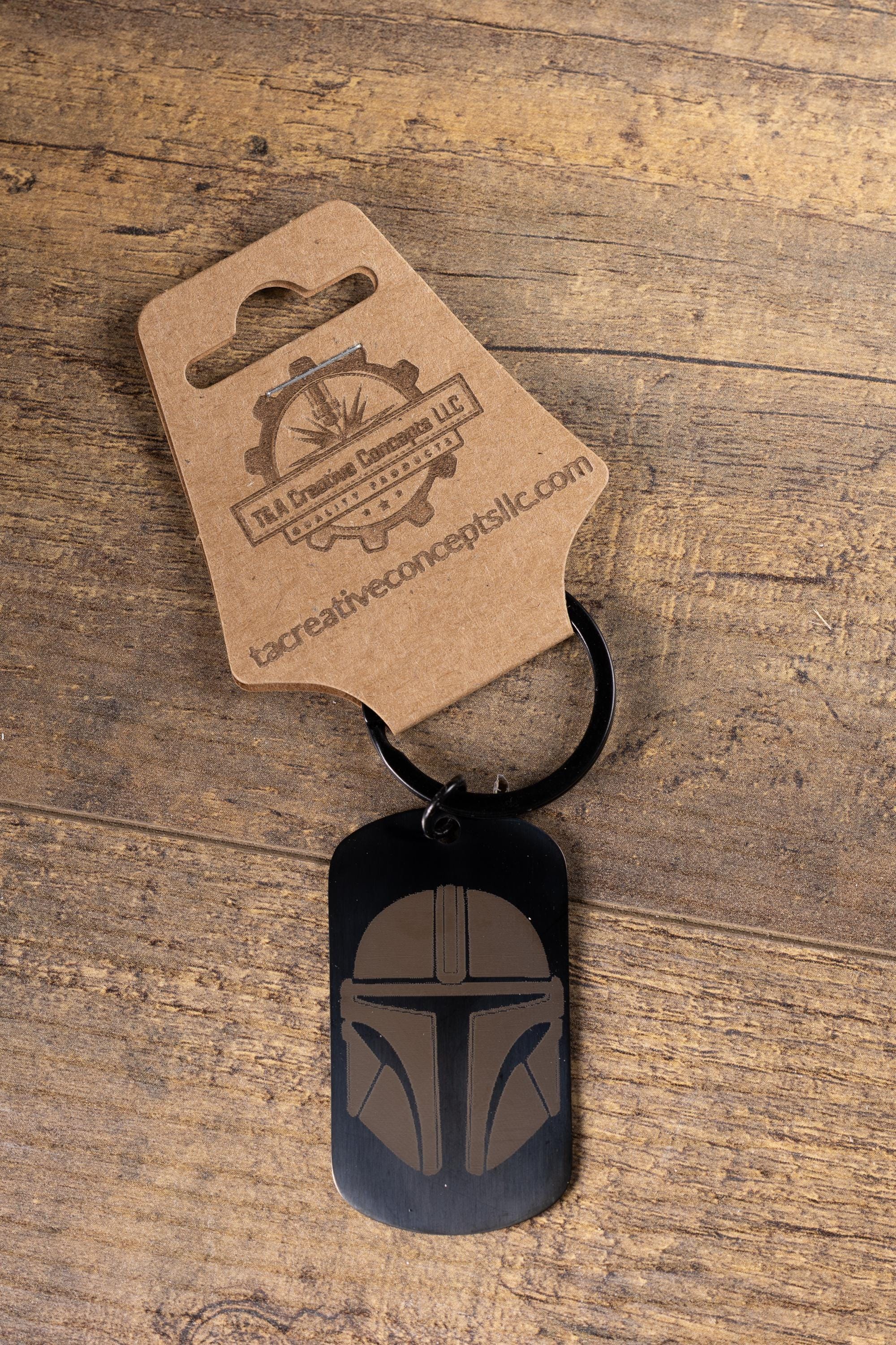 Mandalorian Keychain - Black Stainless Steel, Laser Engraved Double-Sided Design