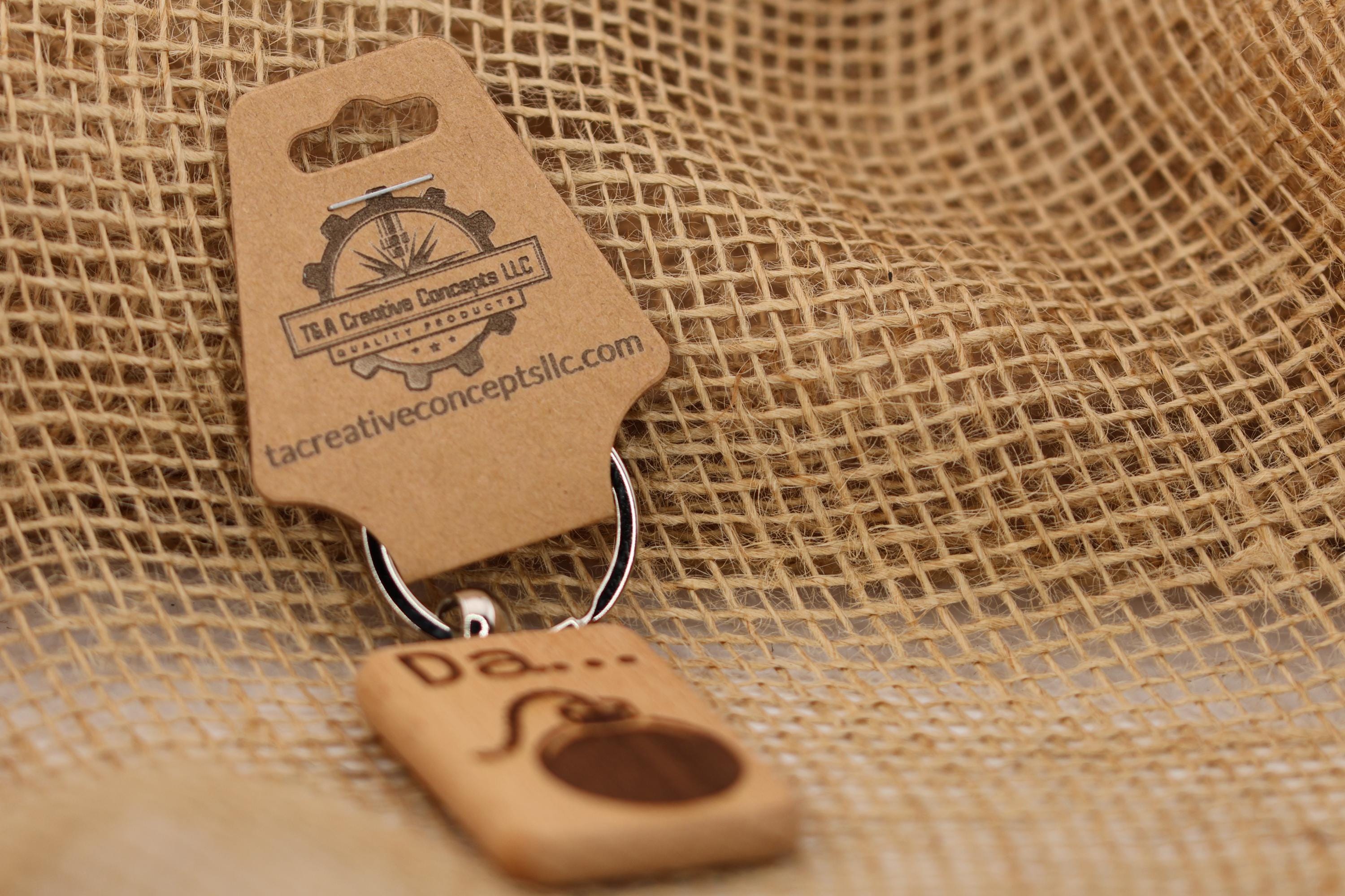 Wood Keychain - Double Sided Laser Engraved Hardwood Charm With Stainless Steel Ring