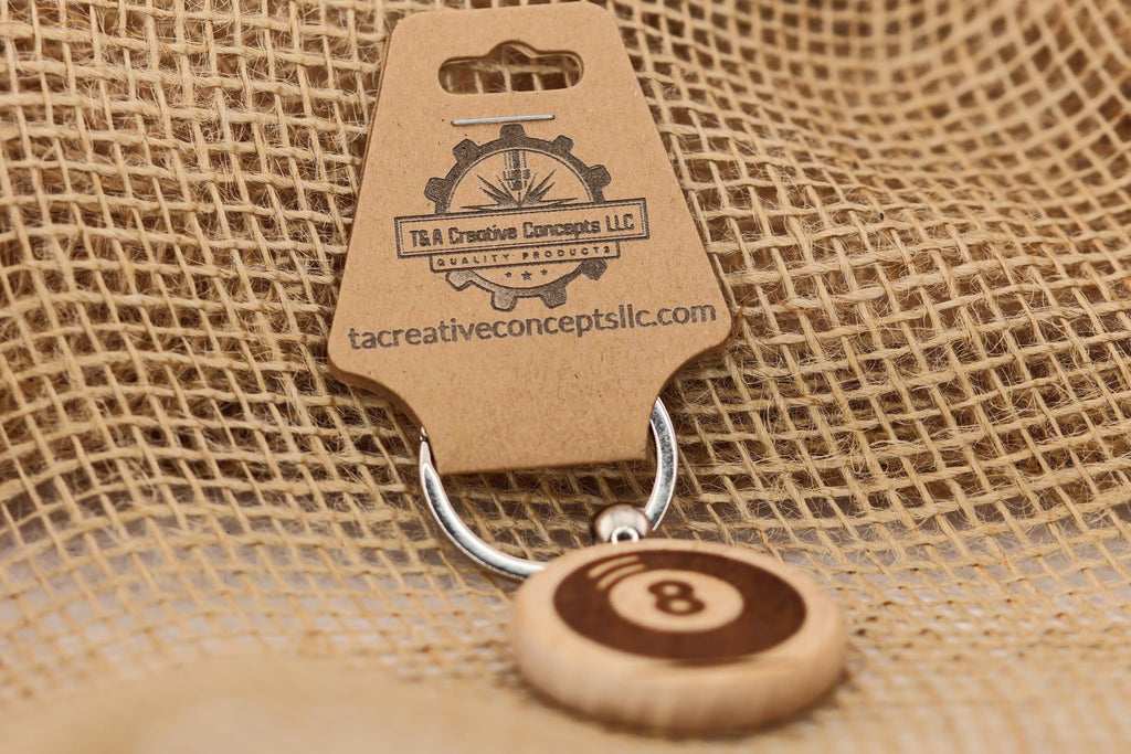8 Ball Keychain – Laser Engraved Hardwood With Stainless Steel Ring, Game Themed Collectible