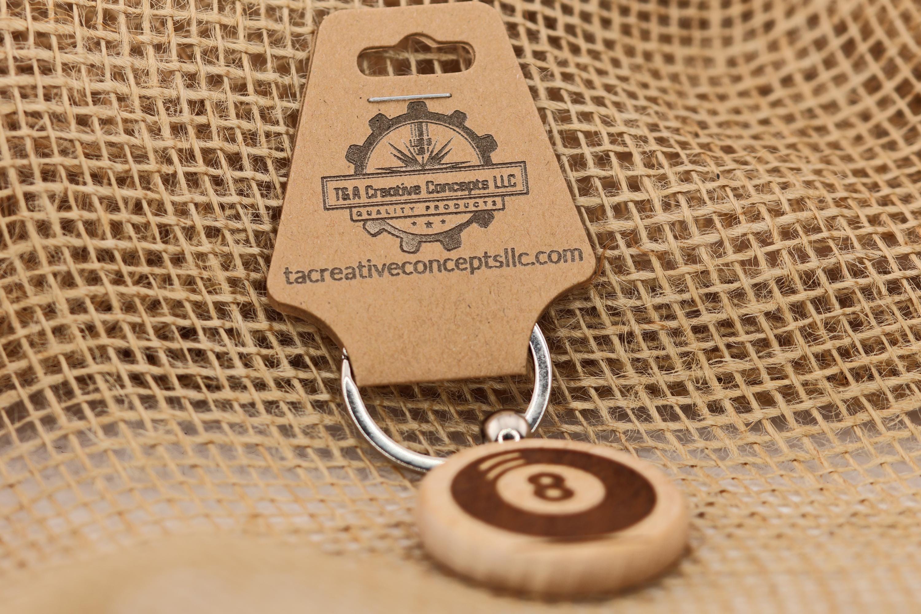 8 Ball Keychain – Laser Engraved Hardwood With Stainless Steel Ring, Game Themed Collectible