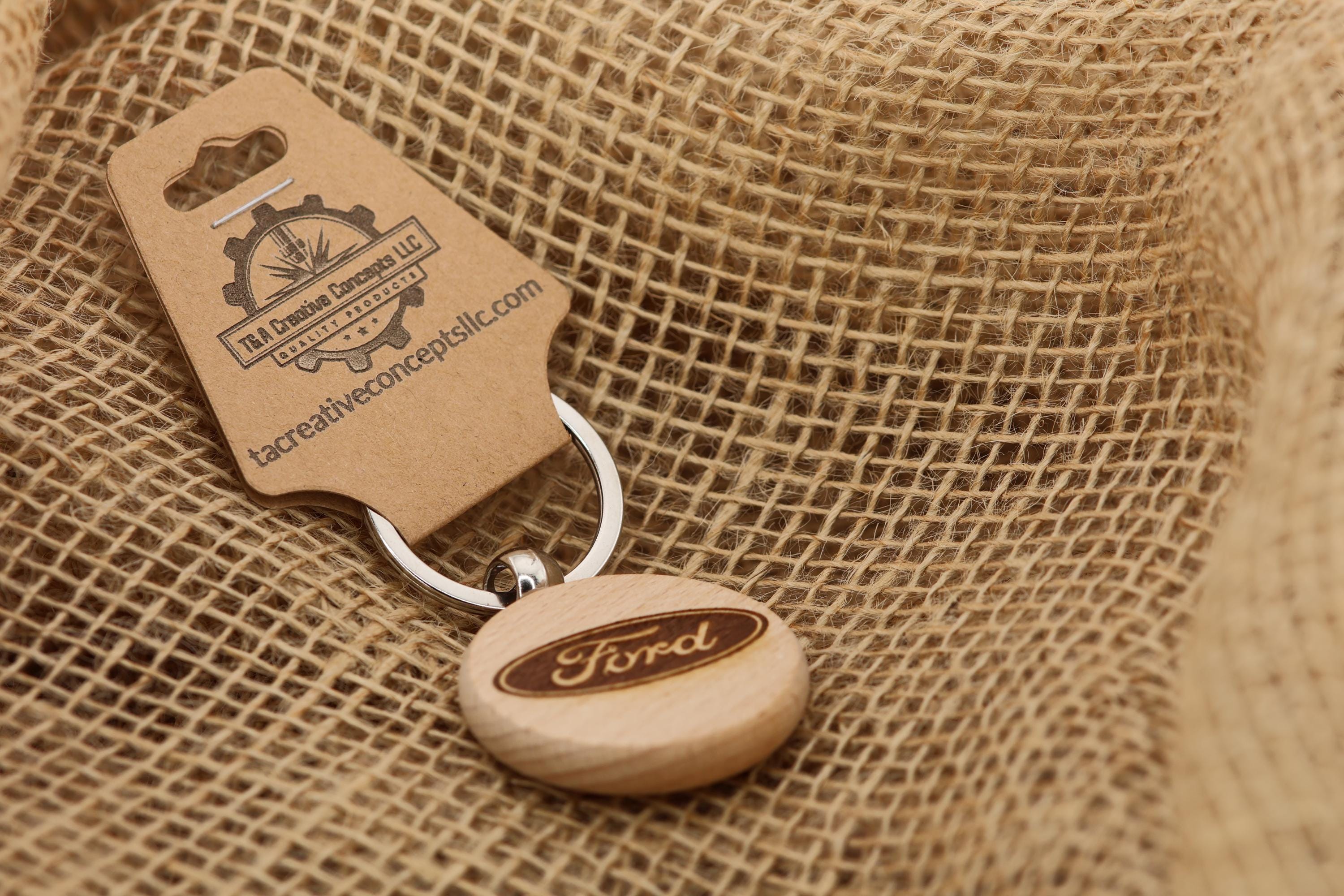 Ford Keychain - Double-Sided Engraved Hardwood With Stainless Steel Ring