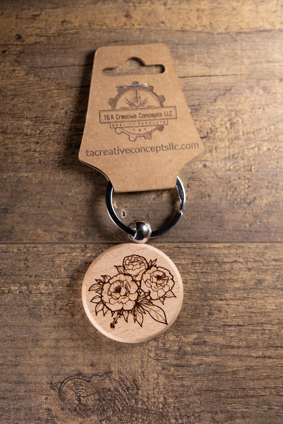 Wood Keychain – Laser Engraved Peony Bouquet Floral Charm | Maple, Cherry, Walnut
