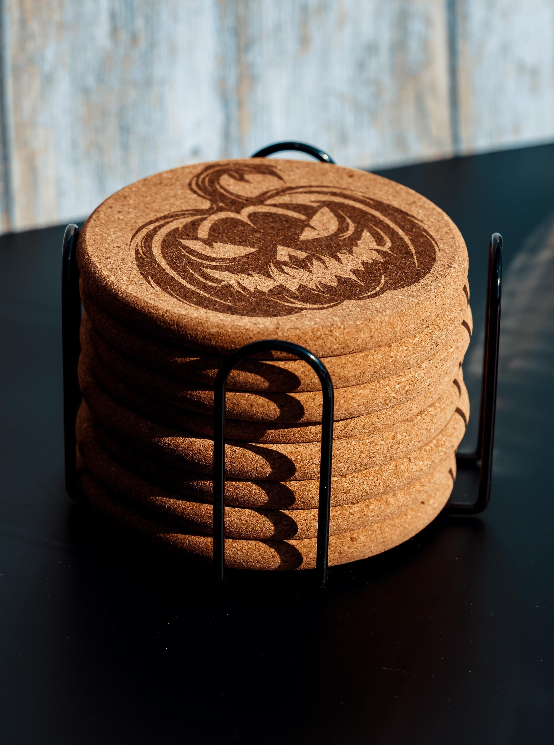 Halloween Pumpkin Coasters – Natural Cork Set | Laser Engraved Pumpkin Coaster Holder