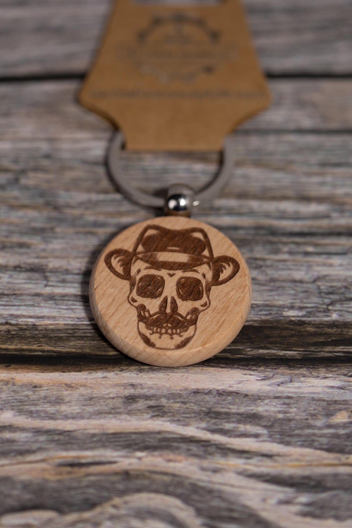 Wooden Skull Keychain – Laser Engraved Hardwood Bag Charm with Fedora & Mustache