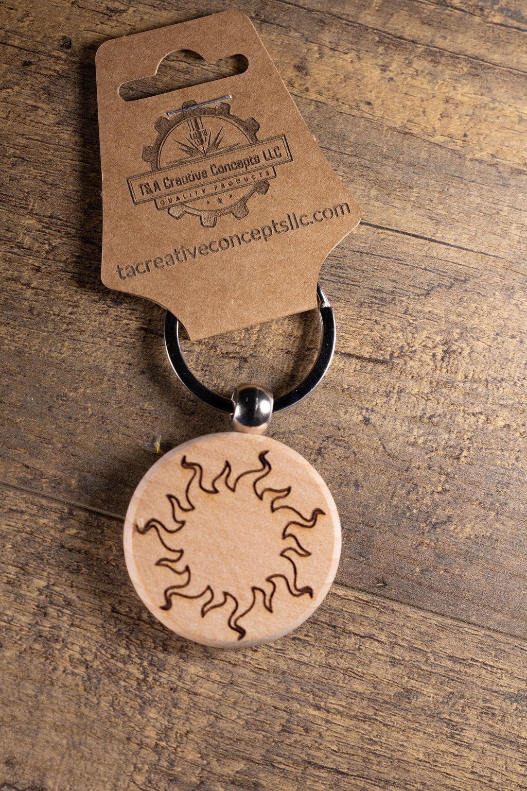 Wood Sun Keychain - Laser Engraved Solid Hardwood Charm | Stainless Steel Ring