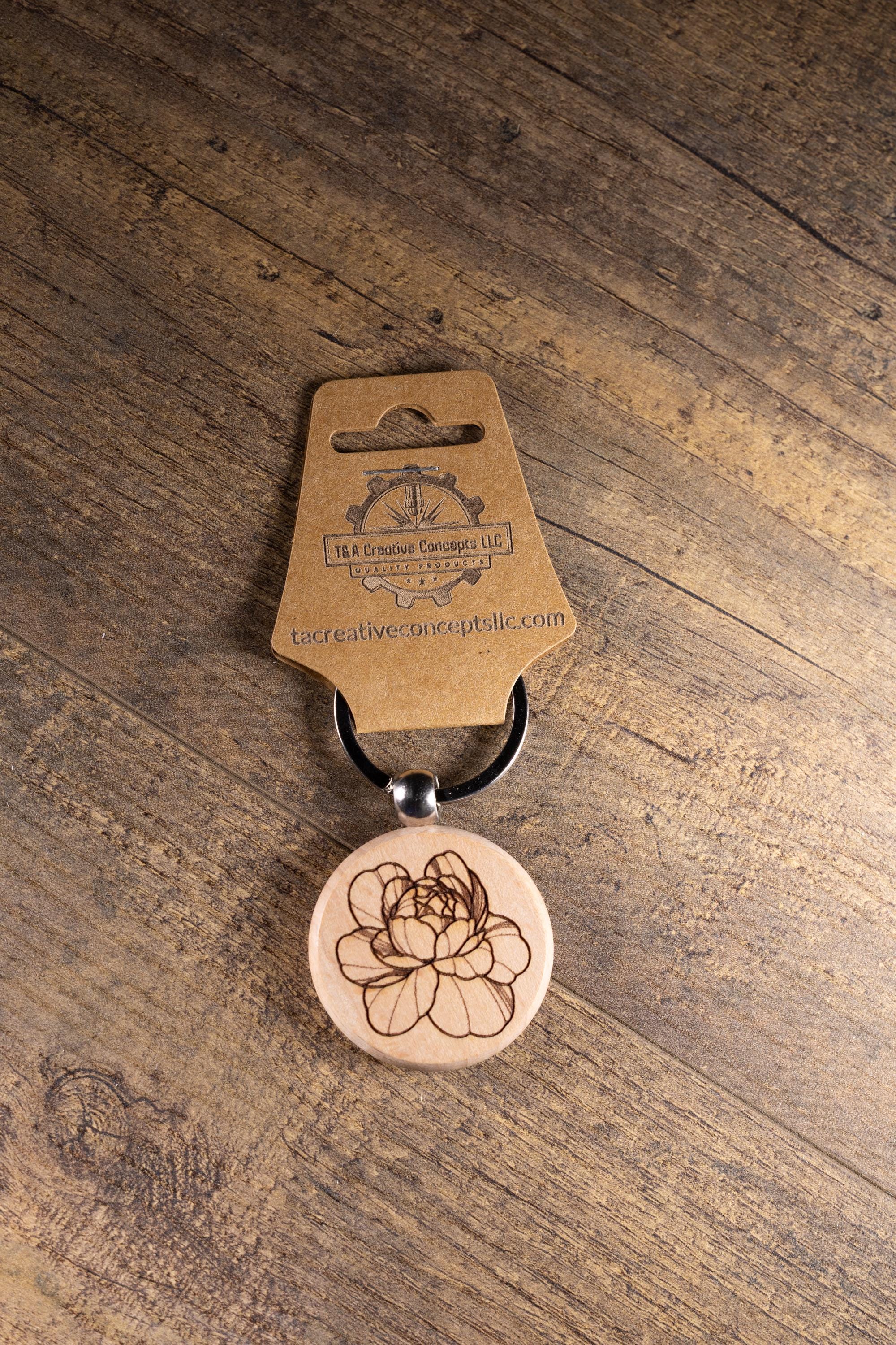 Peony Wood Keychain – Laser Engraved Floral Wood Charm with Stainless Steel Ring