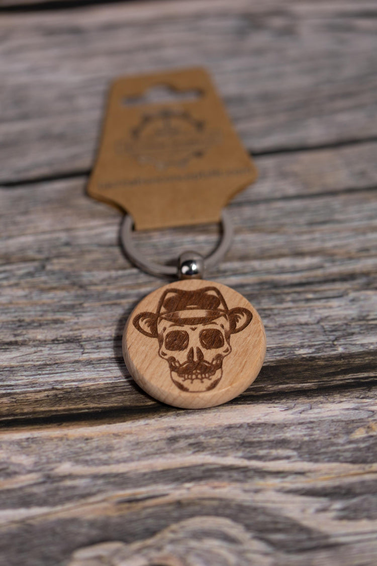 Wooden Skull Keychain – Laser Engraved Hardwood Bag Charm with Fedora & Mustache