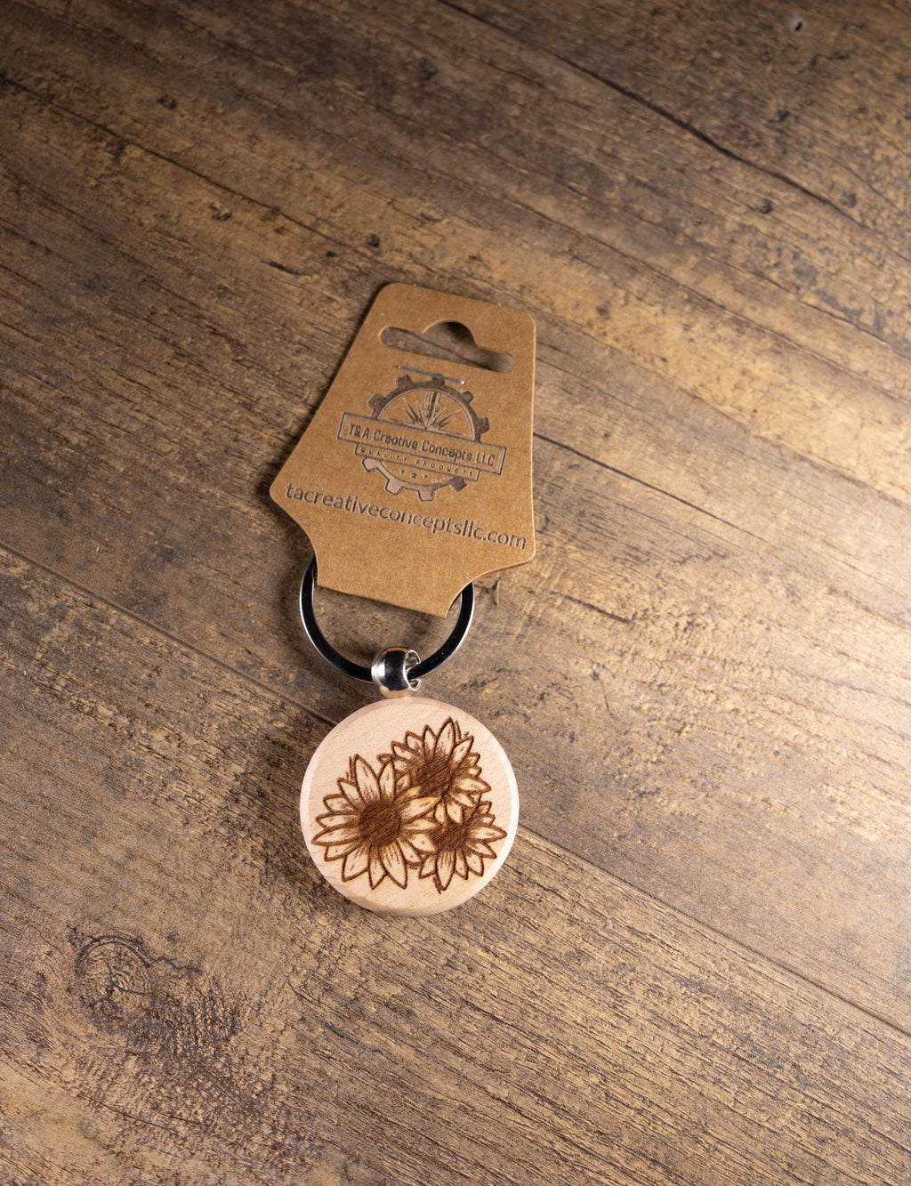 Sunflower Wood Keychain - Laser Engraved Hardwood With Stainless Steel Ring