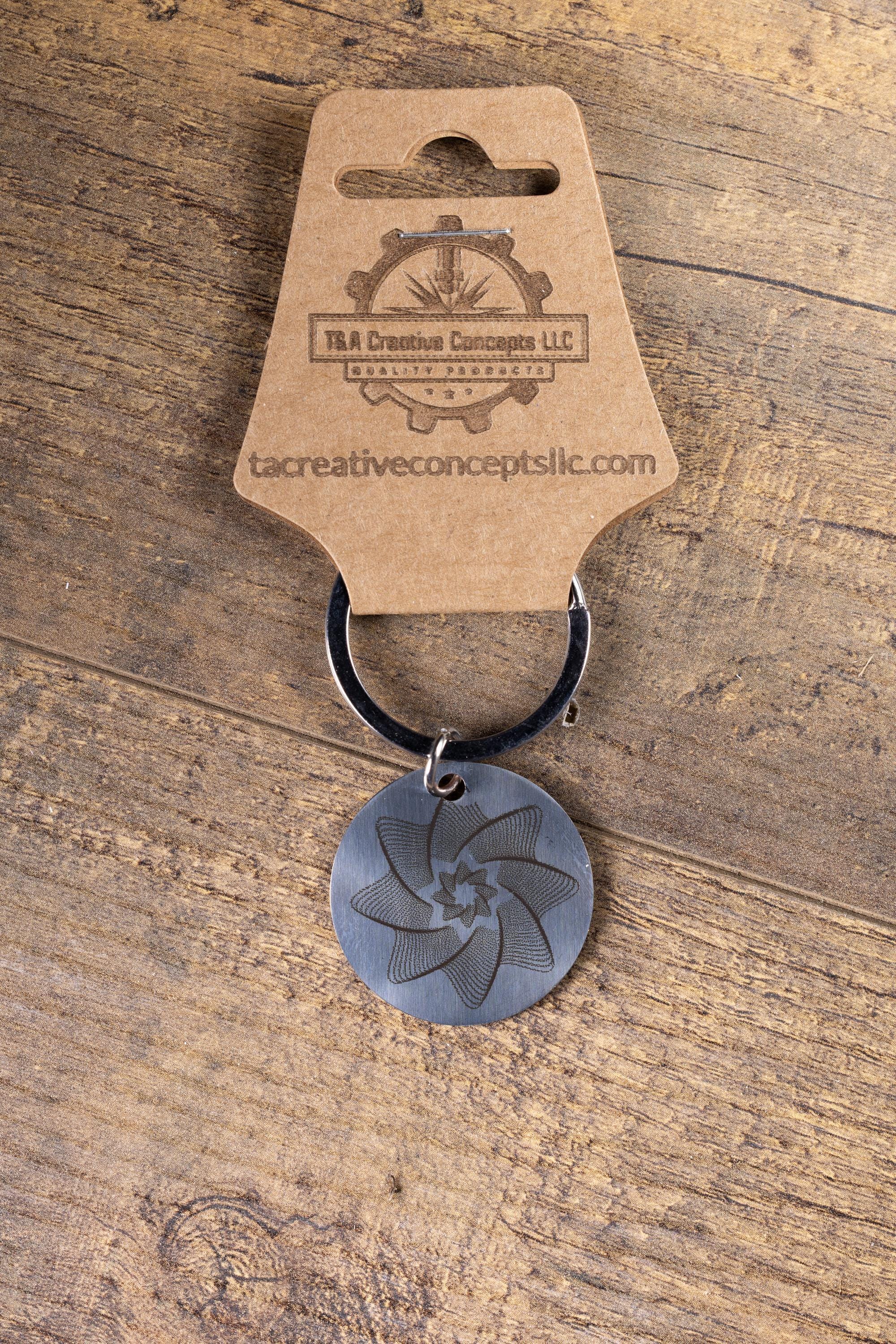 Polished Stainless Steel Keychain - Geometric Star Design with Laser Engraved Spiral Line