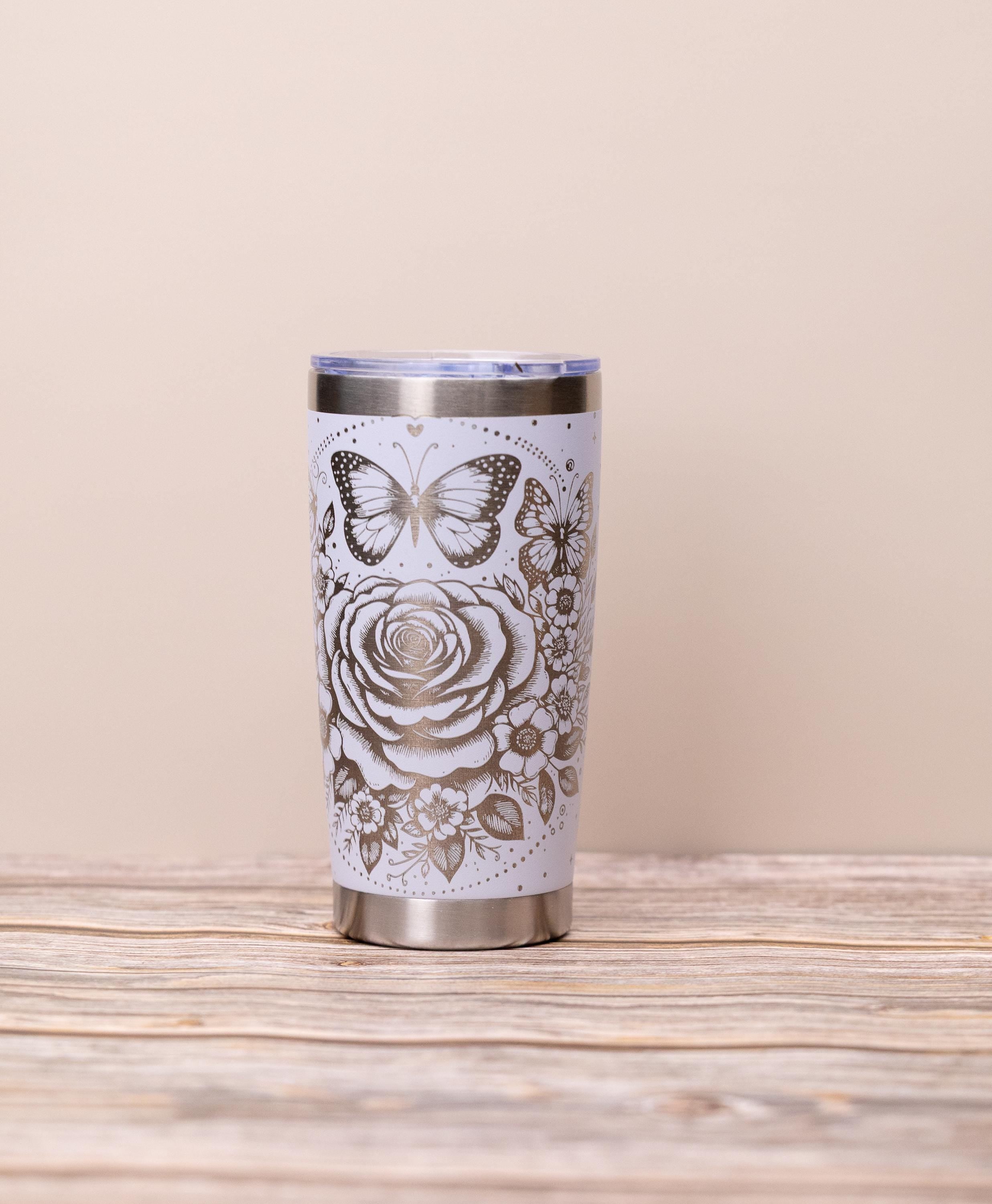 Stainless Steel Tumbler - 20oz Insulated Drinkware With Elegant Rose & Butterfly Wrap