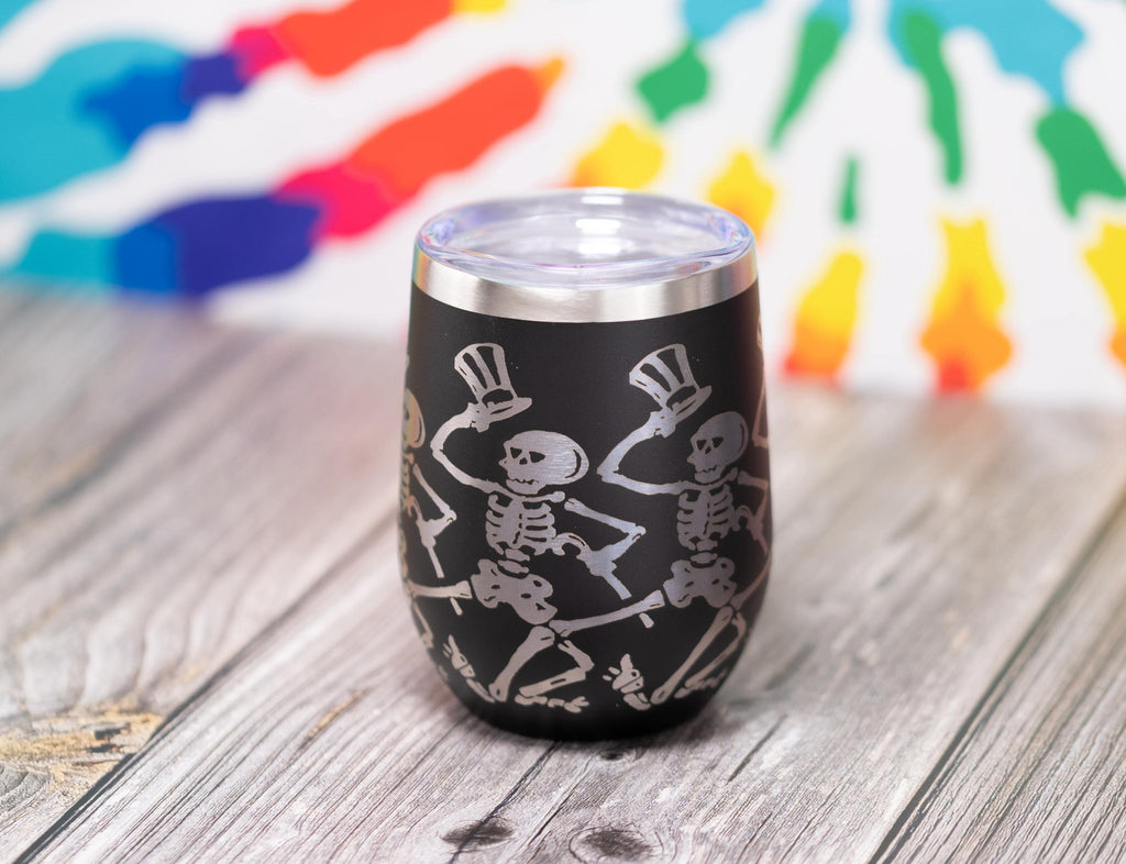 Dancing Skeleton Wine Tumbler - Laser Engraved, Double Wall Vacuum Cup, Custom Color