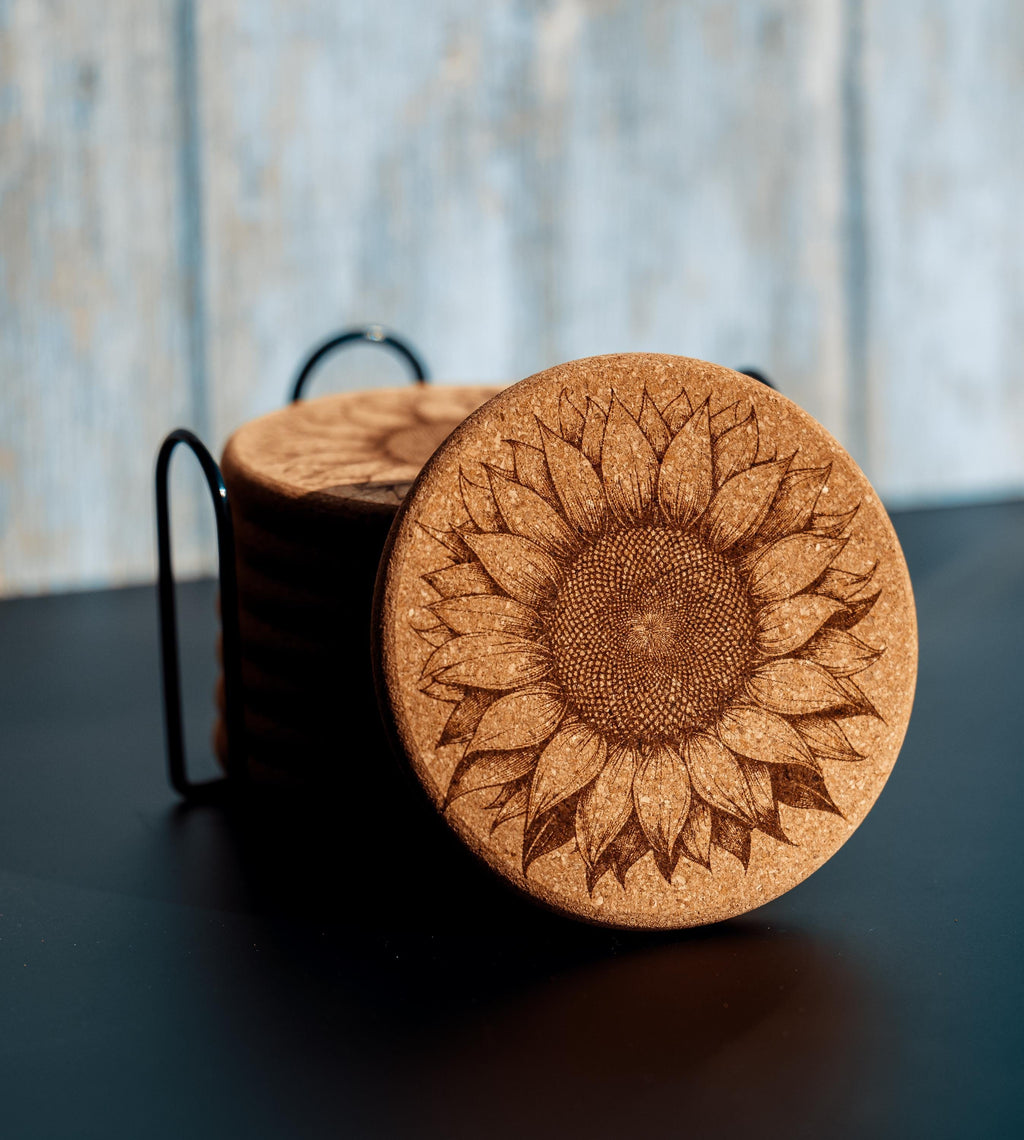 Rustic Cork Coasters - Set of 8 Sunflower Drink Set with Natural Cork Holder