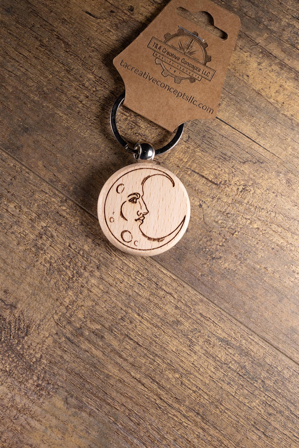 Wooden Moon Keychain – Laser Engraved Celestial Charm with Stainless Steel Hardware