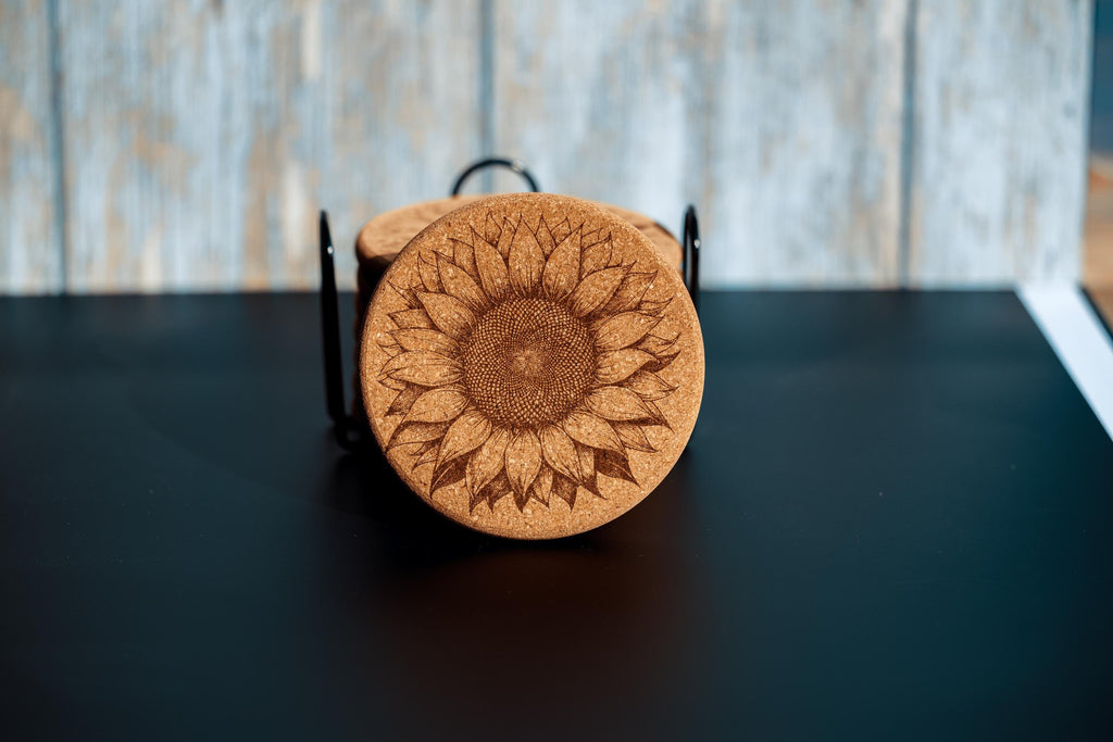 Rustic Cork Coasters - Set of 8 Sunflower Drink Set with Natural Cork Holder
