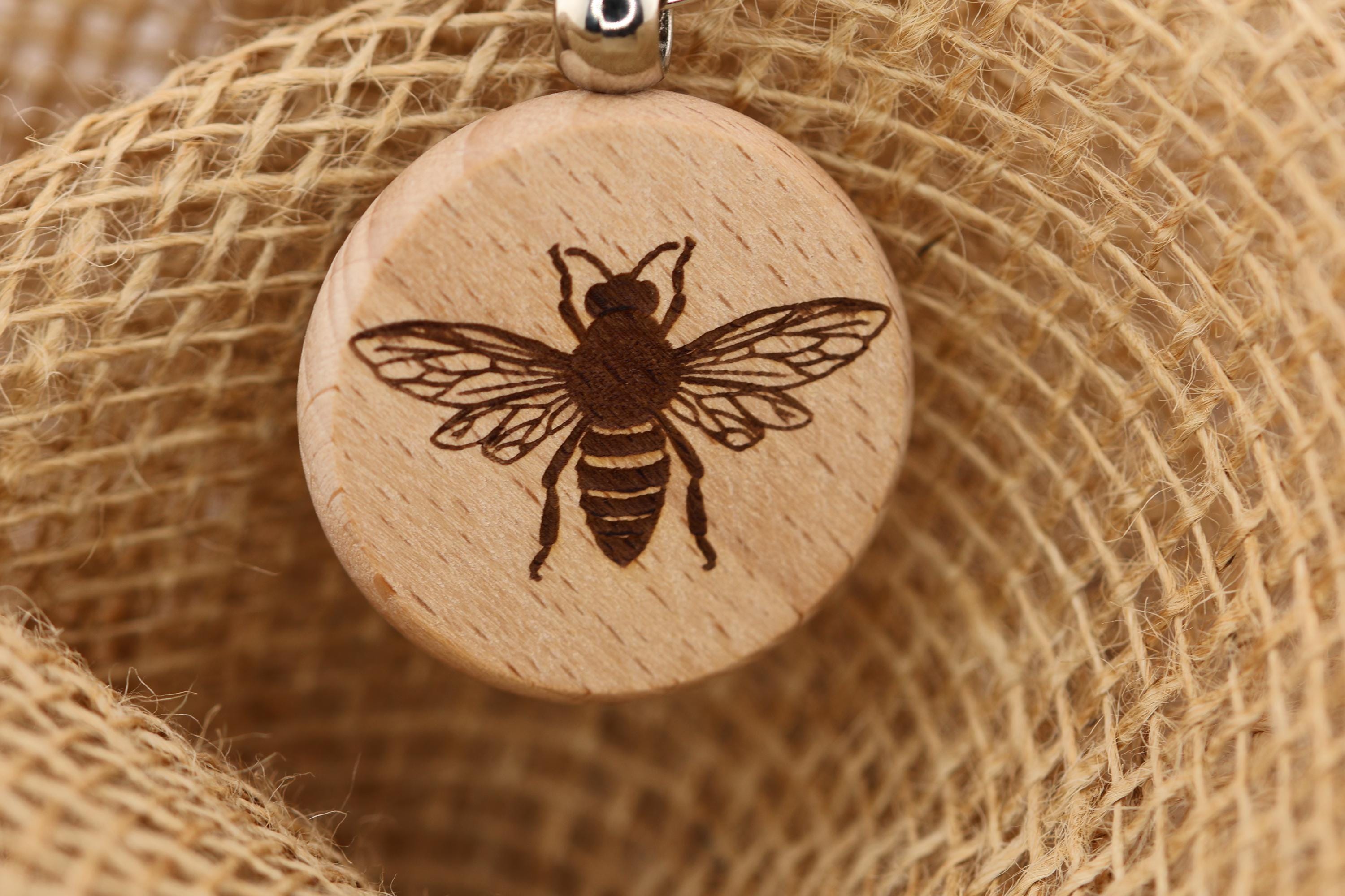 Bee Keychain - Double Sided Laser Engraved Wood Hardwood Charm with Rust Resistant Ring