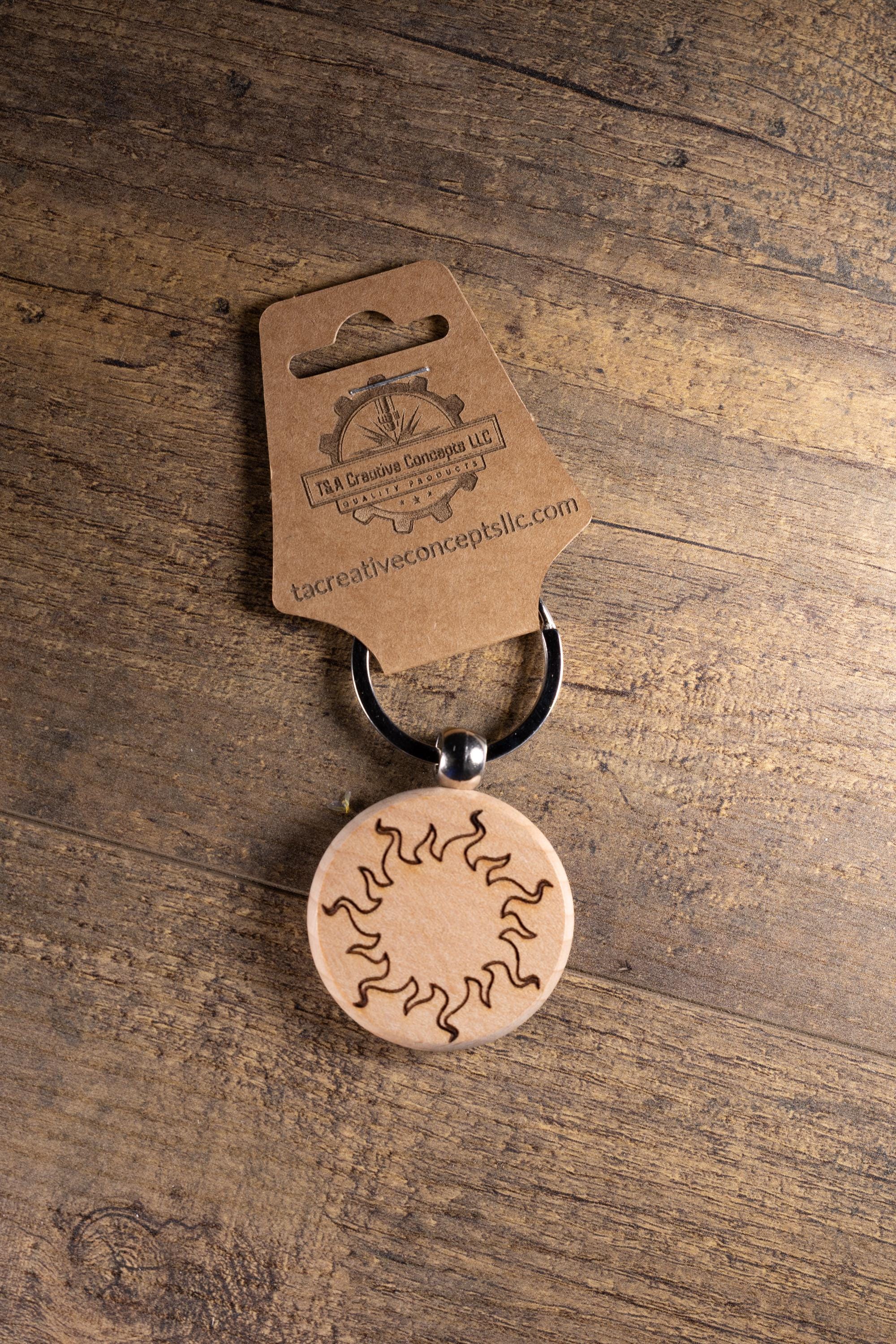 Wood Sun Keychain - Laser Engraved Solid Hardwood Charm | Stainless Steel Ring