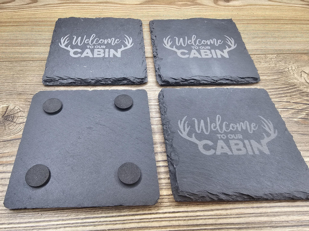 Rustic Slate Coasters – Laser Engraved Cabin Drink Pads | Set of 4 Durable Slate
