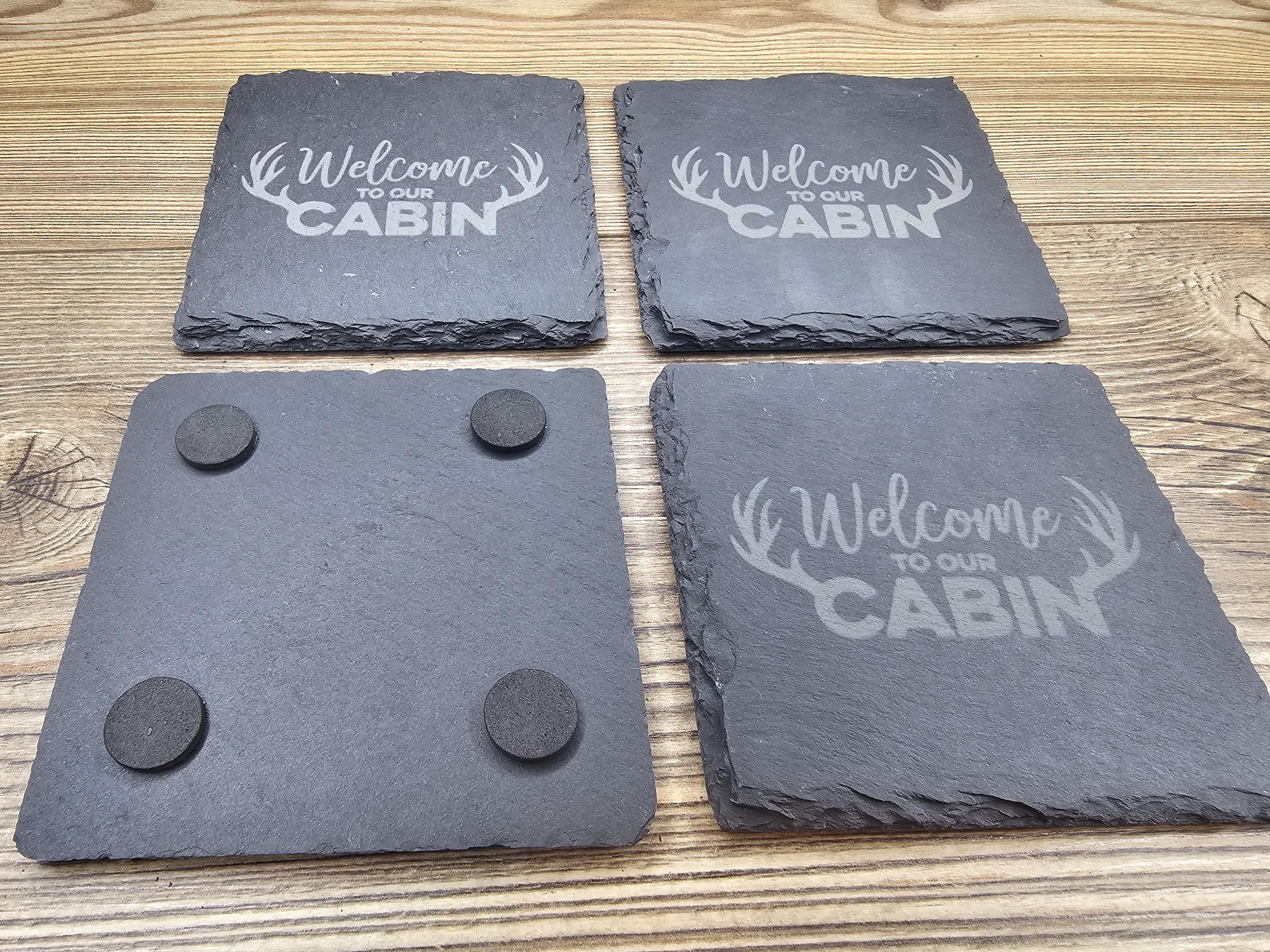 Rustic Slate Coasters – Laser Engraved Cabin Drink Pads | Set of 4 Durable Slate