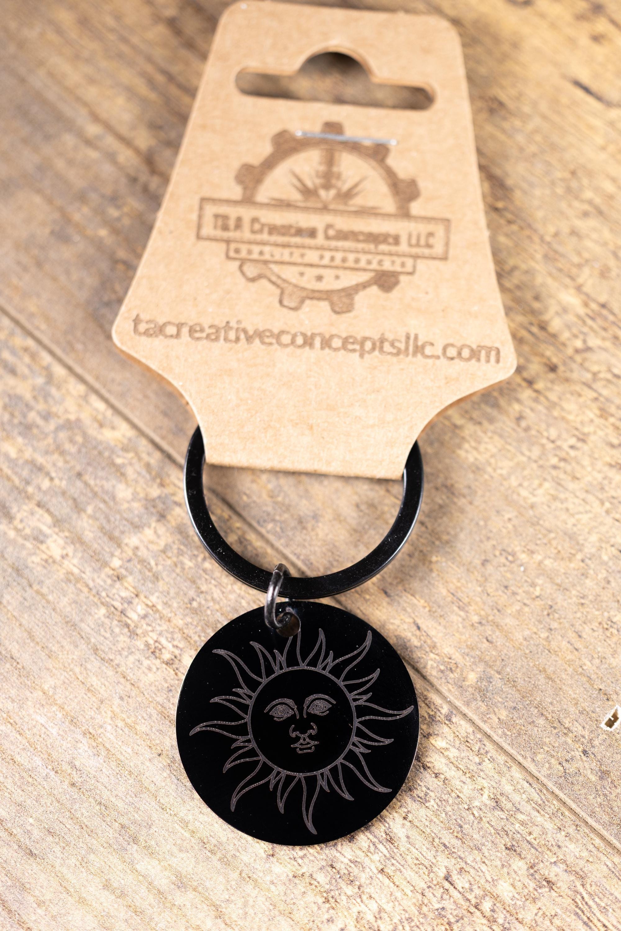 Matte Black Sun Keychain – Laser Engraved Minimalist Sun Charm, Durable Everyday Accessory