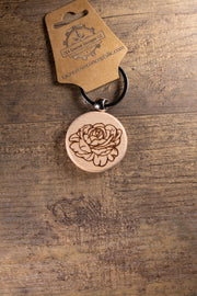 Peony Wood Keychain – Laser Engraved Floral Design | Hardwood & Stainless Steel Ring