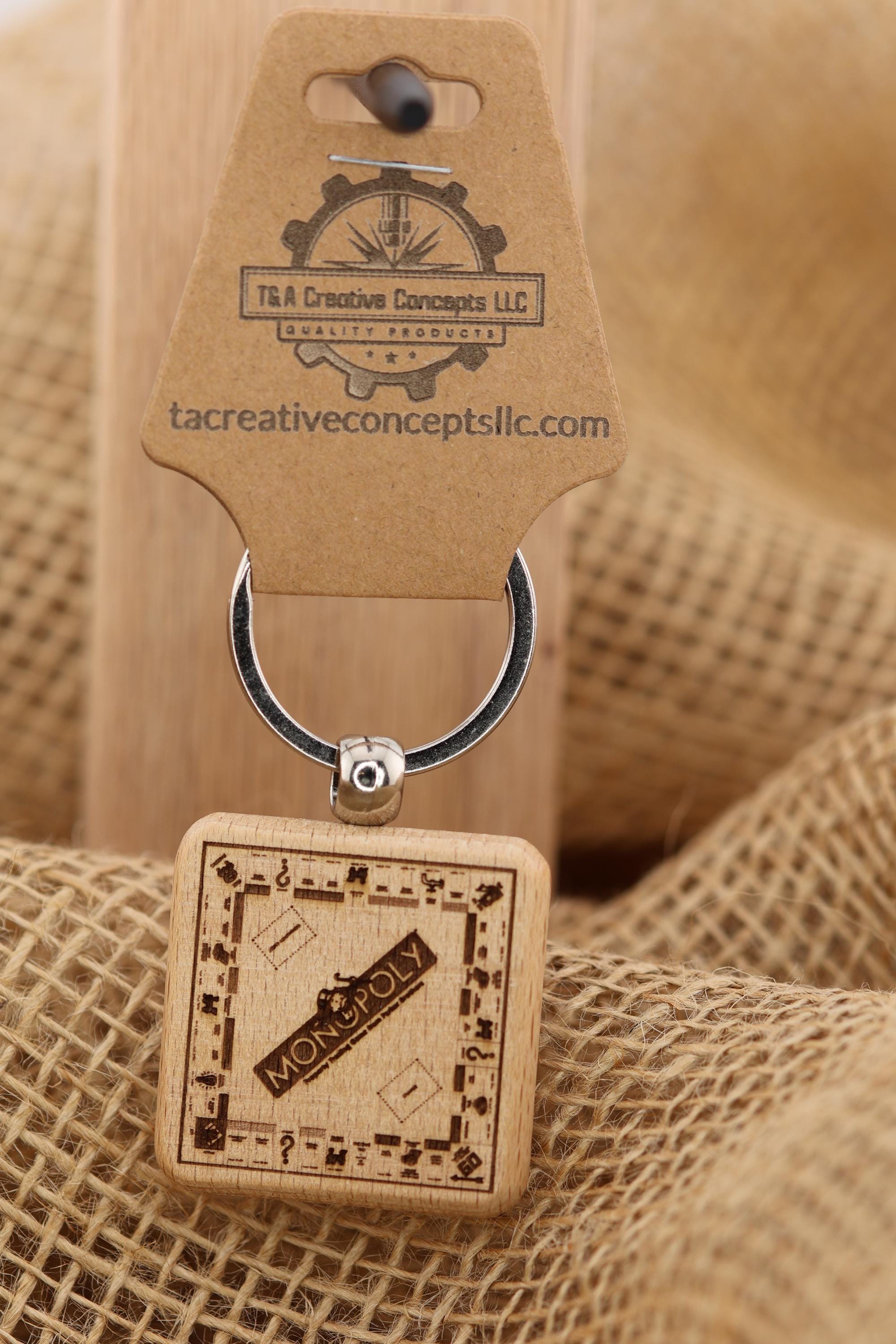 Monopoly Keychain - Double-Sided Engraved Hardwood Game Accessory with Stainless Steel Ring