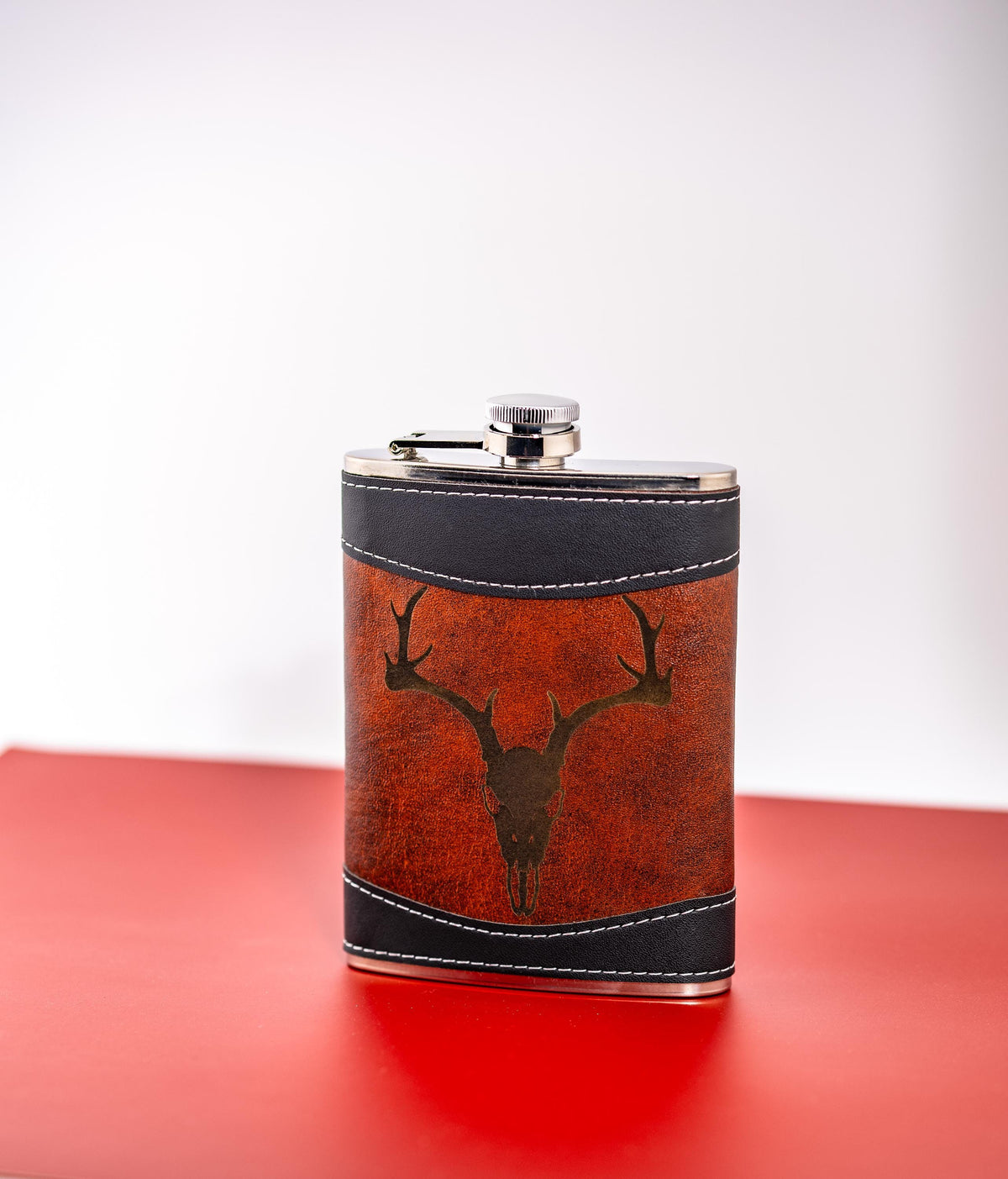 Leather Flask – 8oz Stainless Steel Travel Flask with Gothic Deer Skull Design