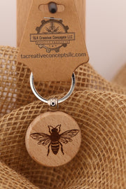 Bee Keychain - Double Sided Laser Engraved Wood Hardwood Charm with Rust Resistant Ring