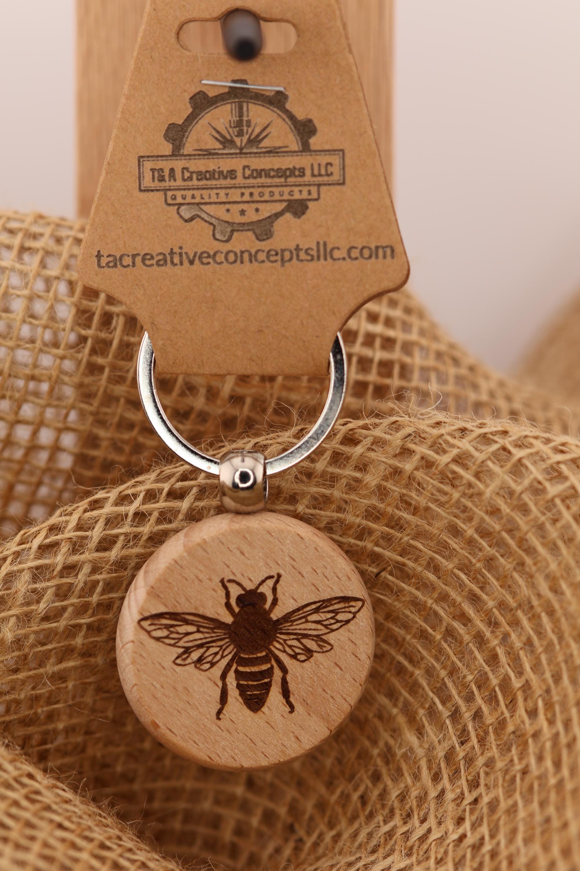 Bee Keychain - Double Sided Laser Engraved Wood Hardwood Charm with Rust Resistant Ring