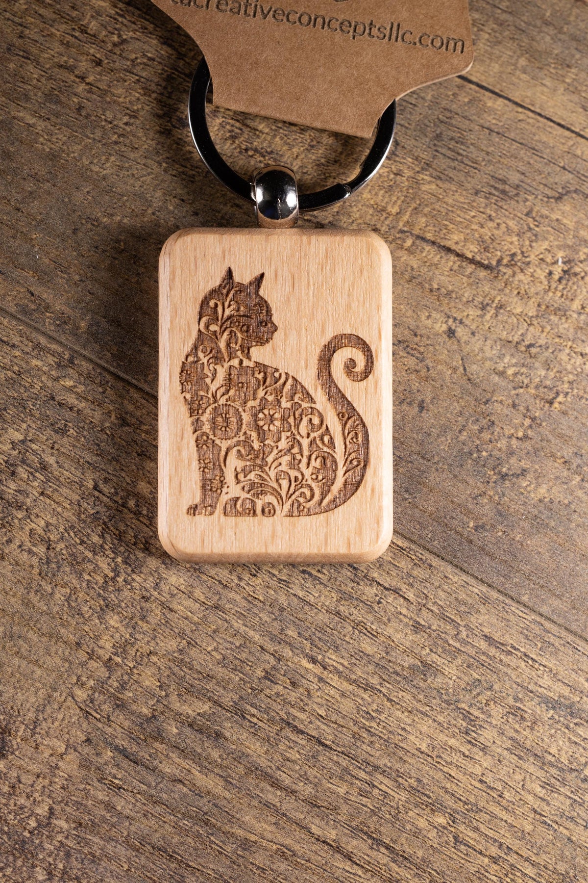 Cat Keychain – Handmade Hardwood Bag Charm with Laser Engraved Wood Design
