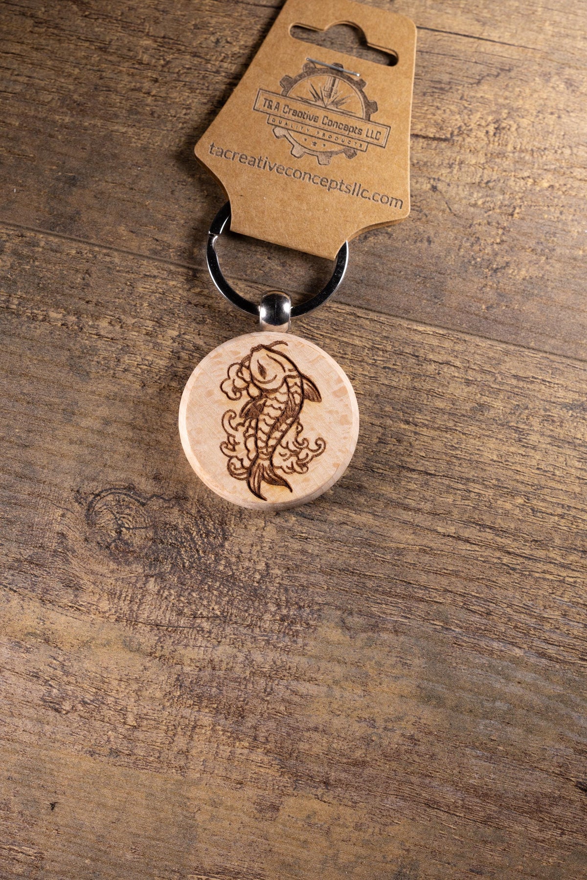 Koi Fish Keychain – Laser Engraved Hardwood With Stainless Steel Ring, Natural Finish