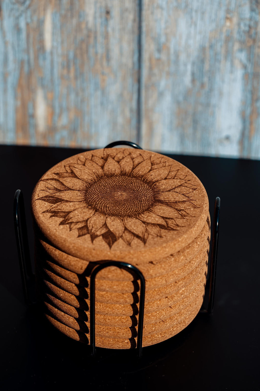 Rustic Cork Coasters - Set of 8 Sunflower Drink Set with Natural Cork Holder
