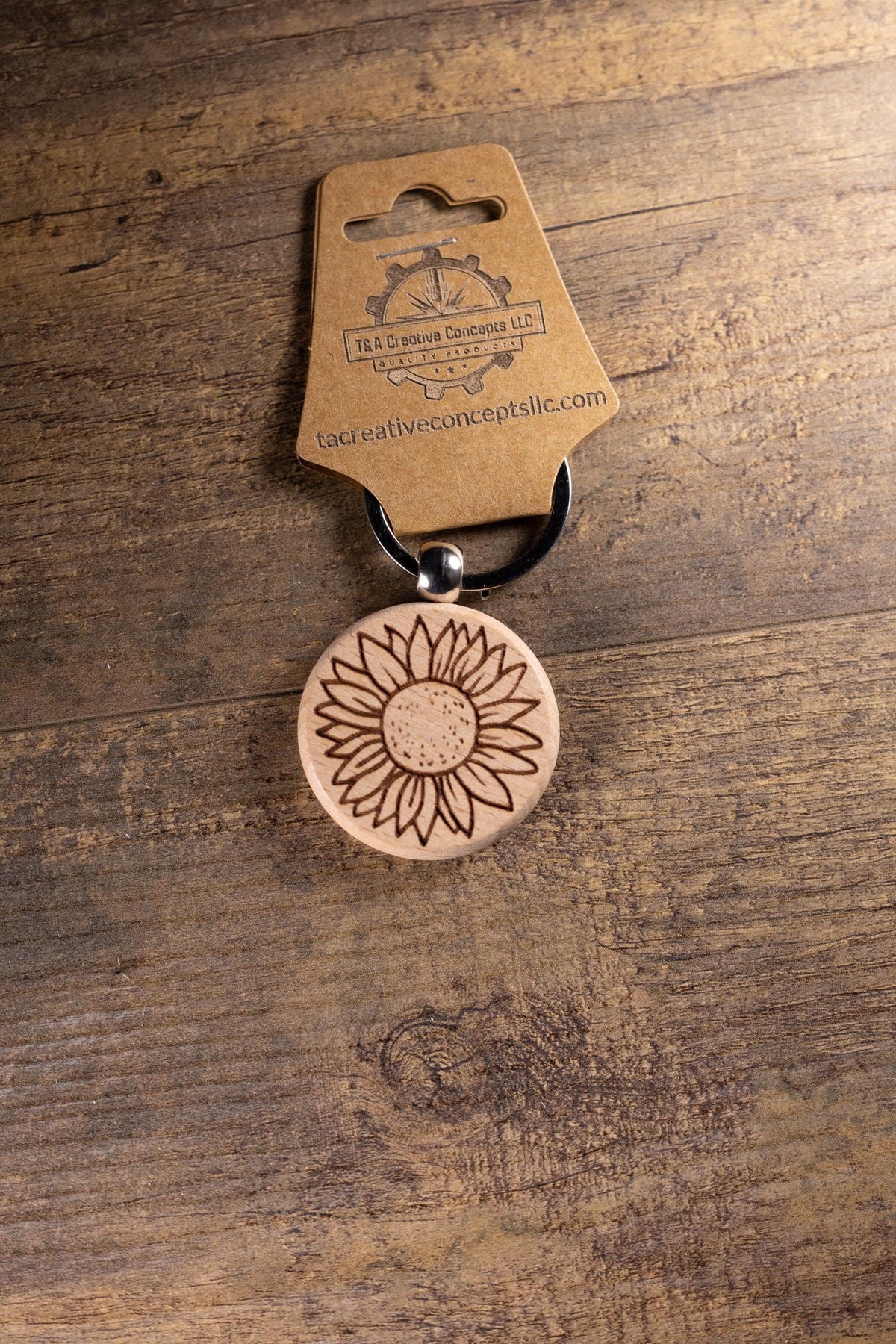 Sunflower Keychain – Laser Engraved Wood Hardwood Accessory with Stainless Steel Hardware